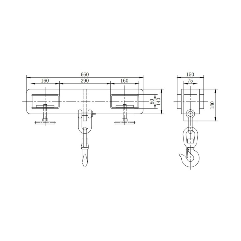 Hook attachment for forklift trucks, capacity 2,5 Tons