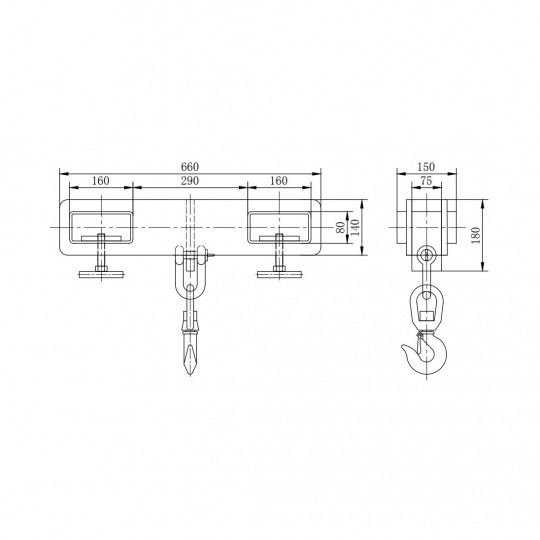 Hook attachment for forklift trucks, capacity 2,5 Tons